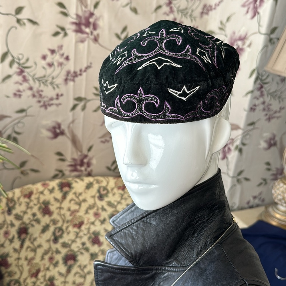 Vintage Velvet cap Embroidered Lined Headwear Unisex Beret Kippah Kufi Hat Cover